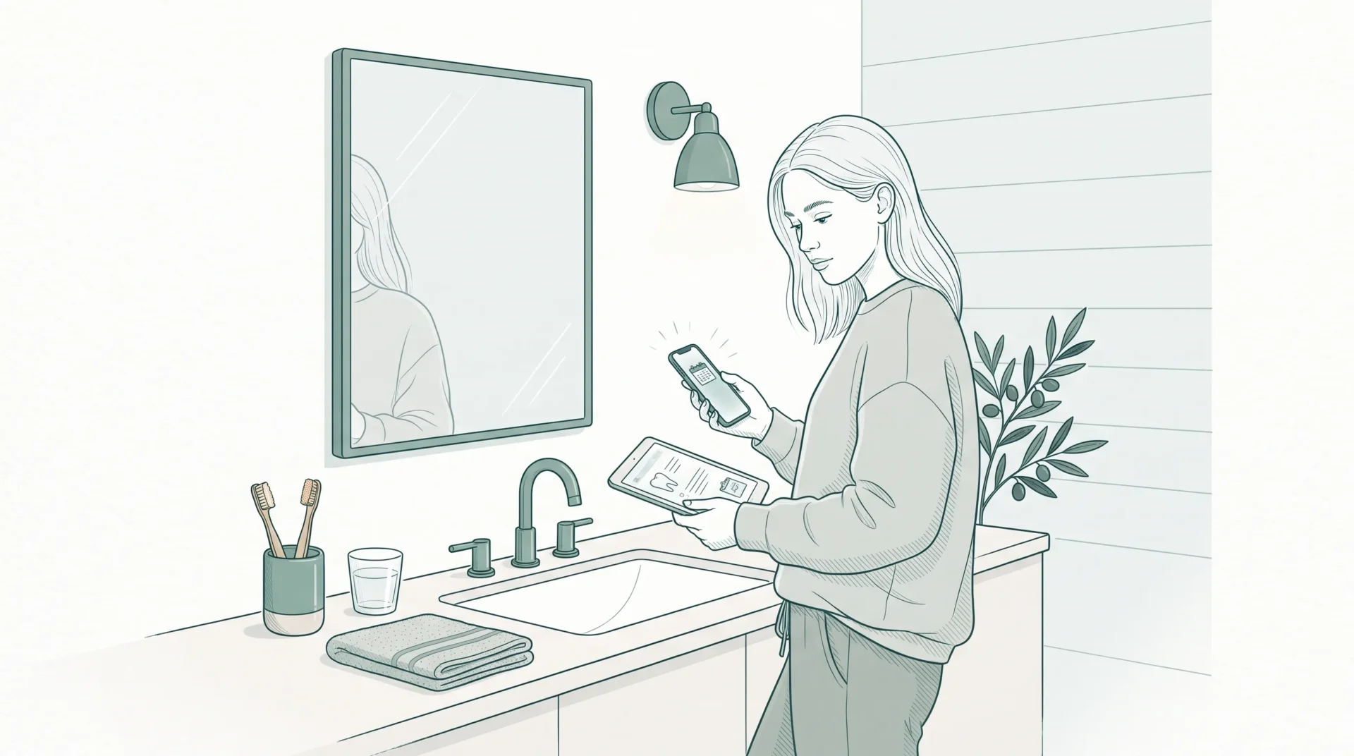 An adult at home checks a dental follow-up on a phone beside the bathroom sink.