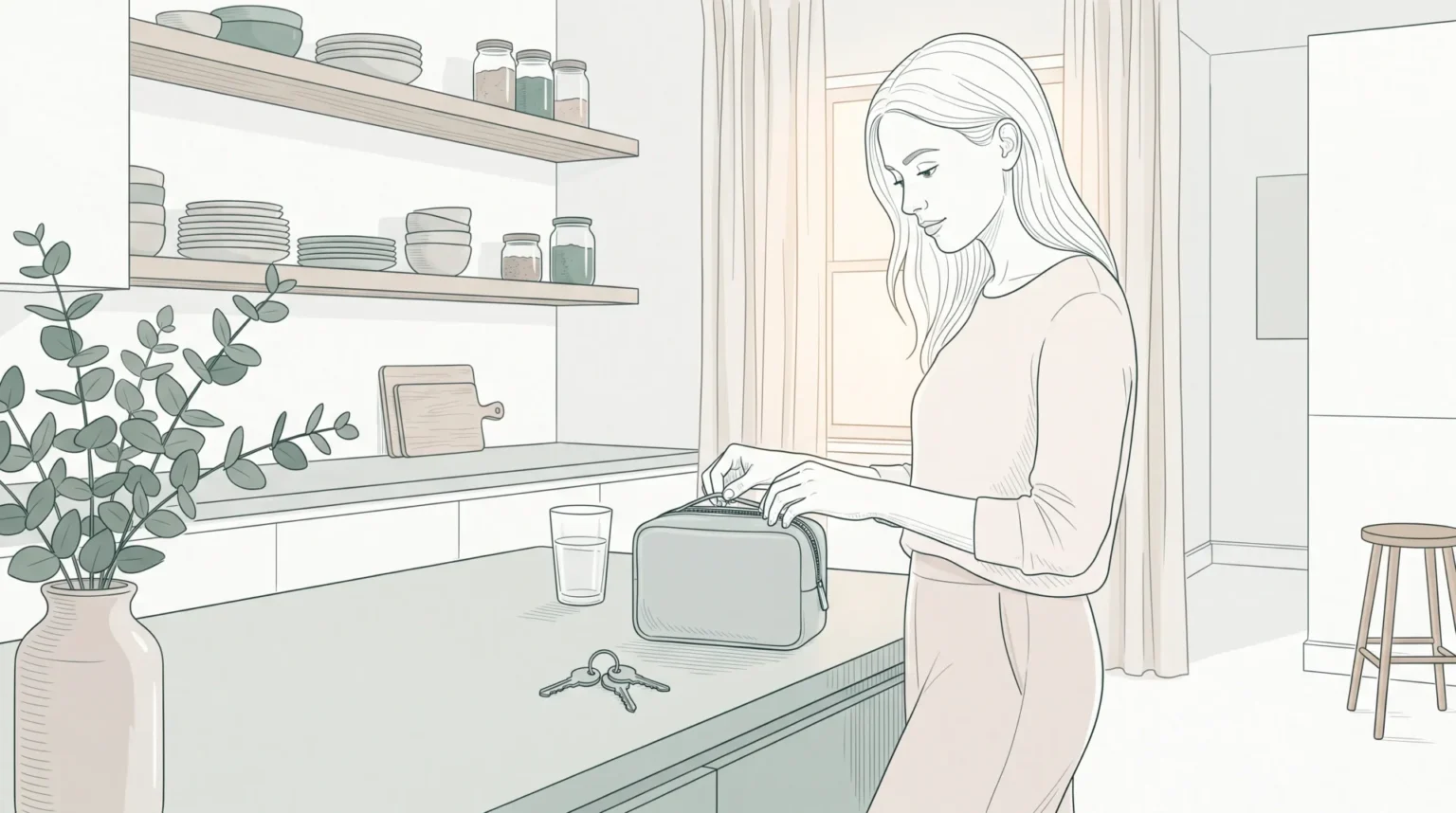 An adult checks a small bag and gathers keys at home before heading to a dentist appointment.