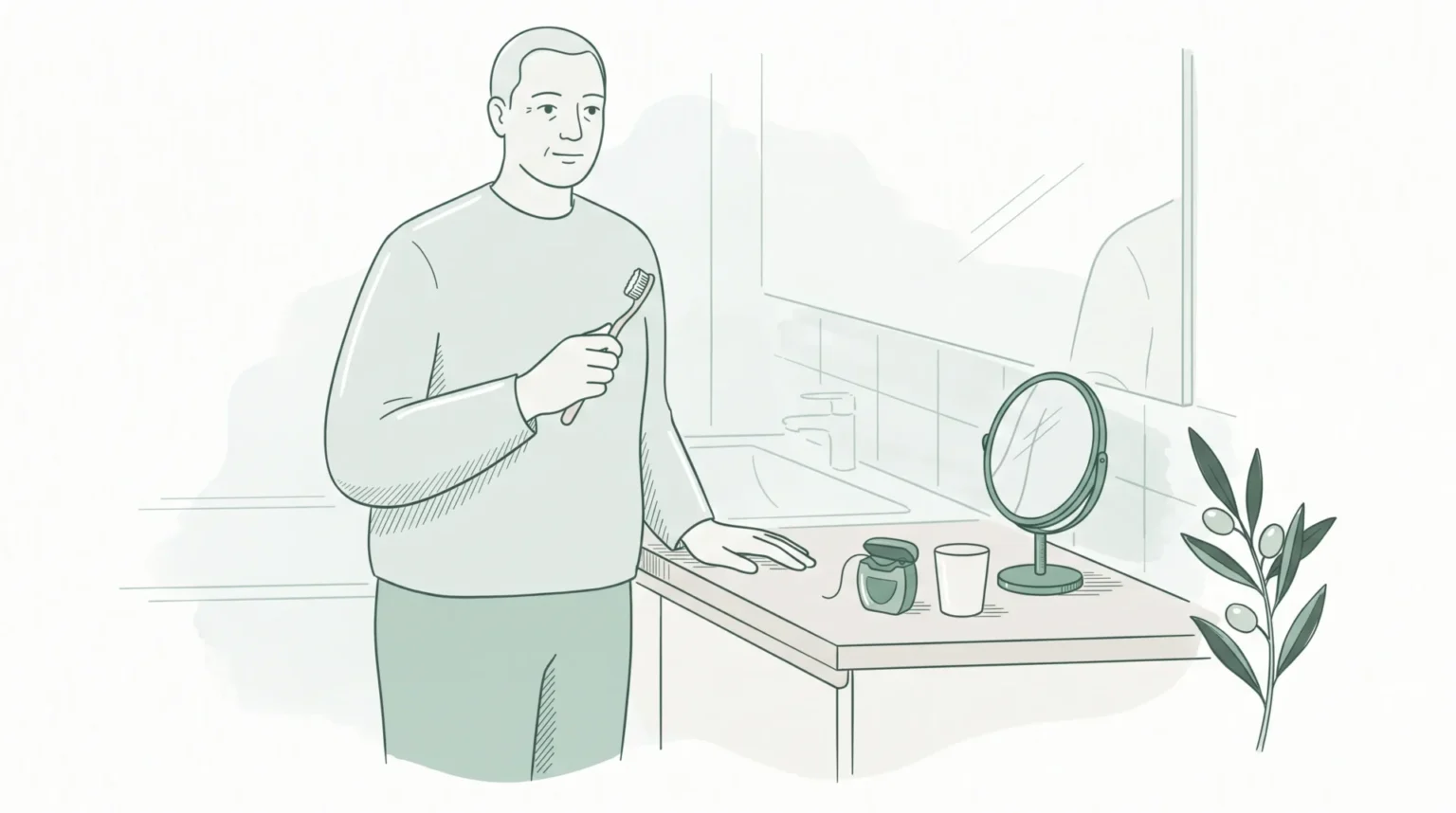 An adult keeps up oral care at a bathroom basin with a toothbrush and floss.