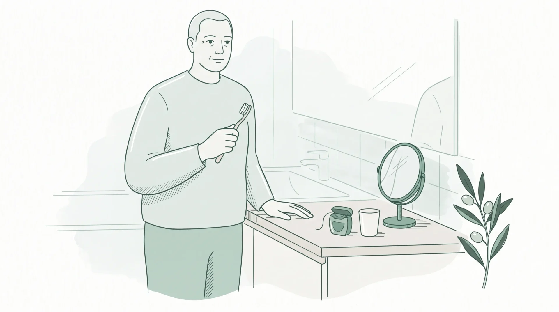 An adult keeps up oral care at a bathroom basin with a toothbrush and floss.