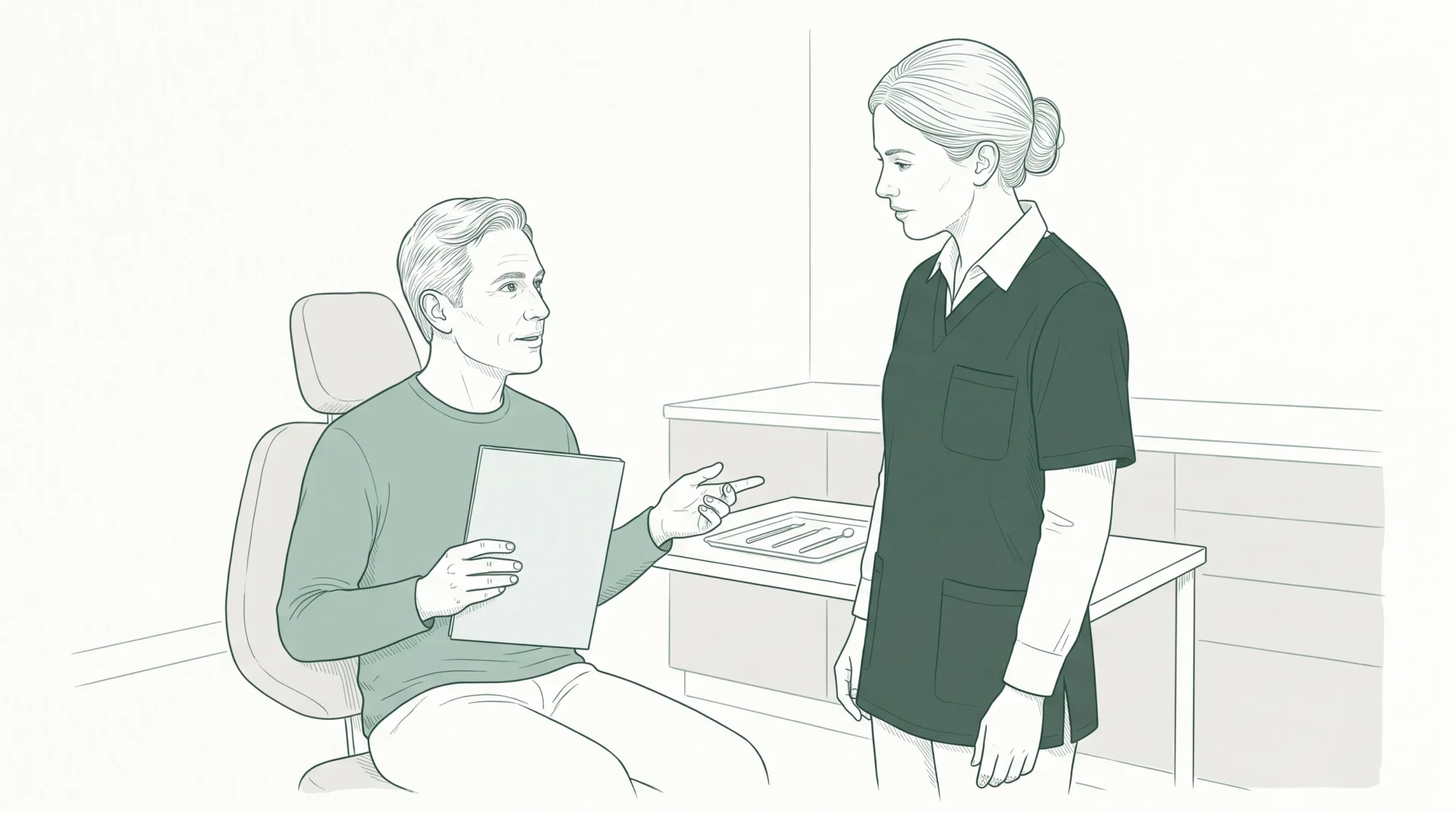 An adult patient holds a plain folder while discussing their dental appointment with a dentist in a clean clinical tunic.