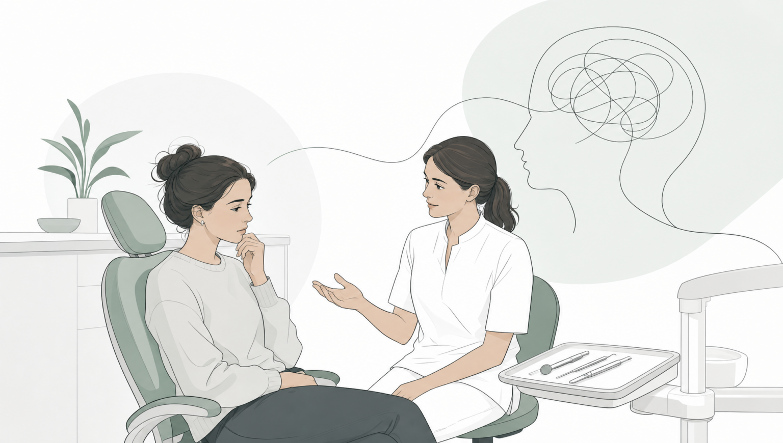 An adult patient settles into a dental chair with headphones while the dentist stands nearby in a calm clinic room.