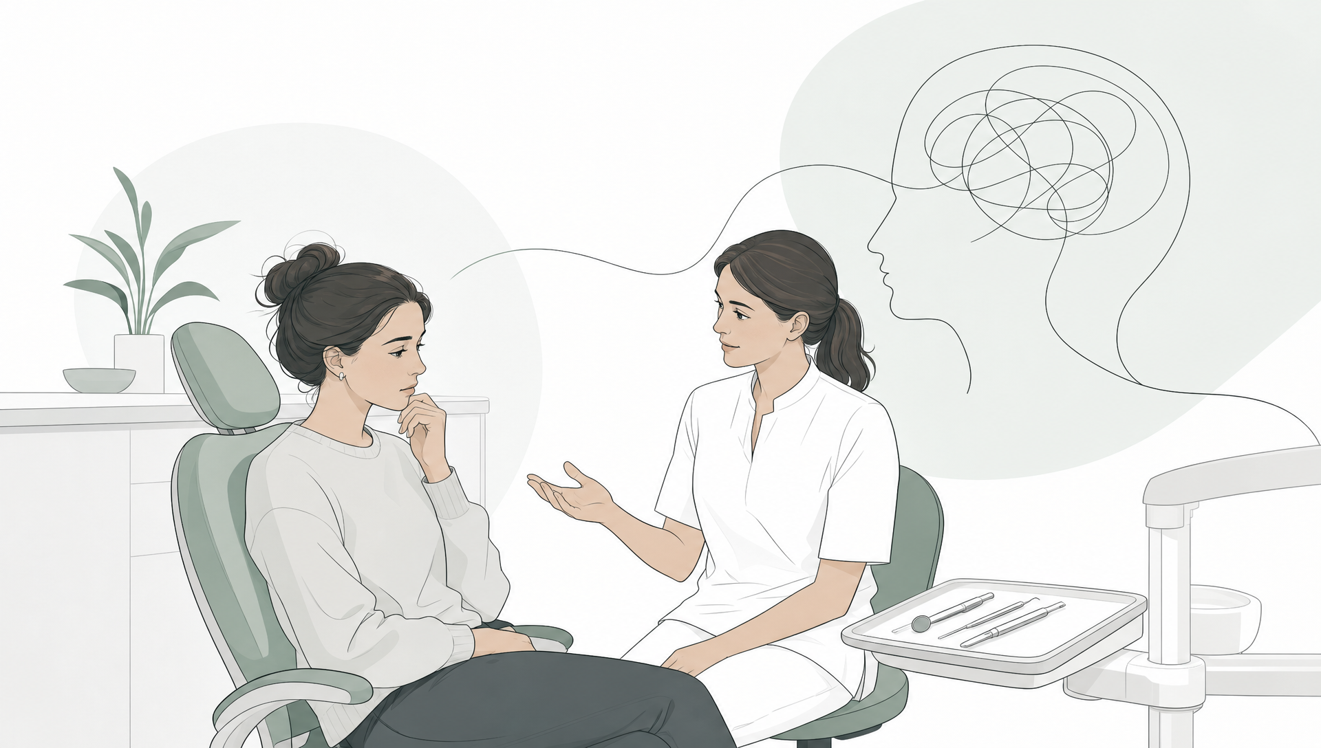 An adult patient settles into a dental chair with headphones while the dentist stands nearby in a calm clinic room.
