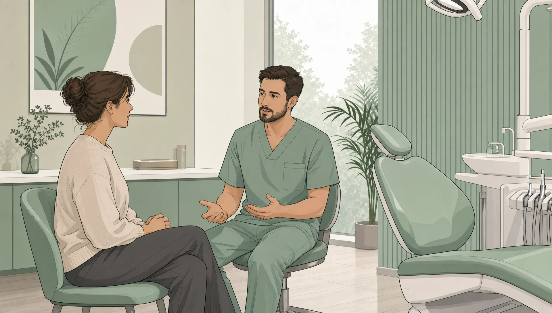 An adult patient speaks quietly with a dentist in a spacious consultation room beside a simple dental chair.