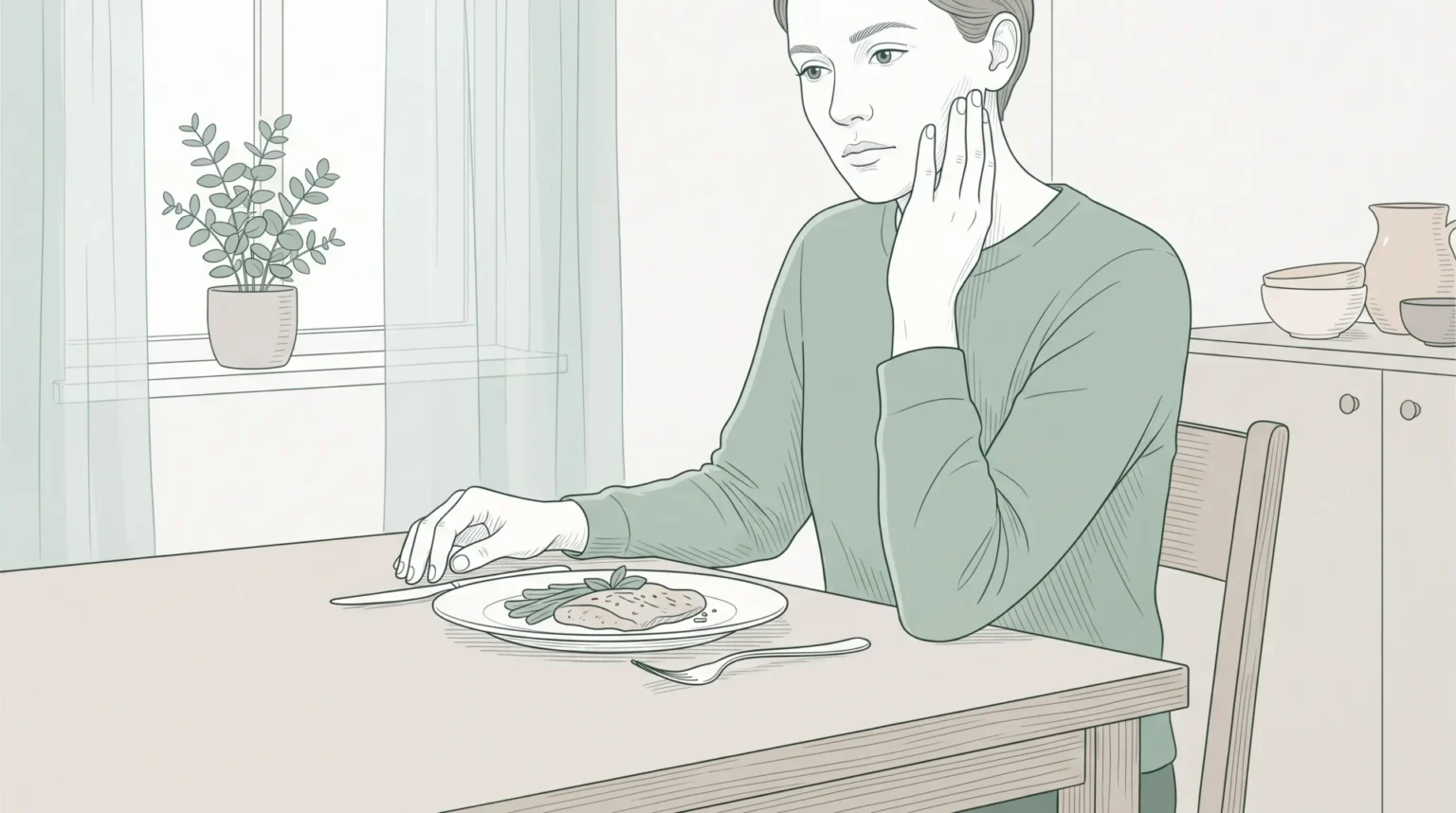 An adult pauses during a meal with a hand near the jaw, reflecting a symptom worth mentioning at a bite assessment.
