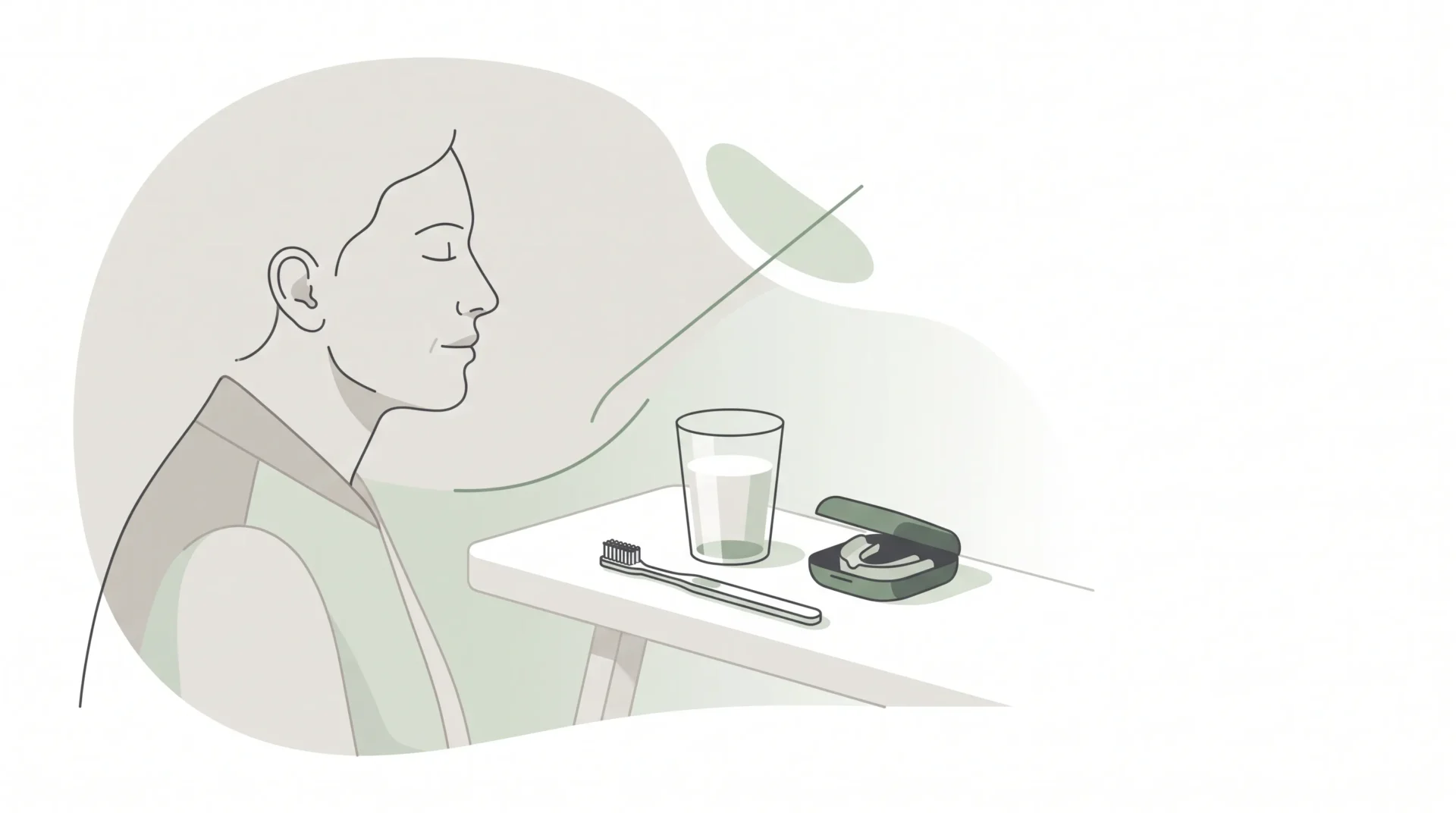 An adult profile sits beside a toothbrush, water glass and compact case for whitening maintenance.