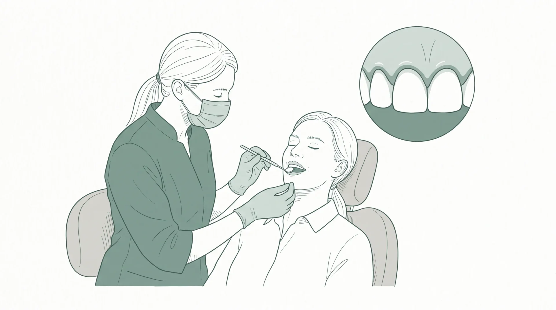 An Australian dentist gently examines a calm adult patient for tooth sensitivity, with a small inset showing natural front teeth and healthy scalloped gums.