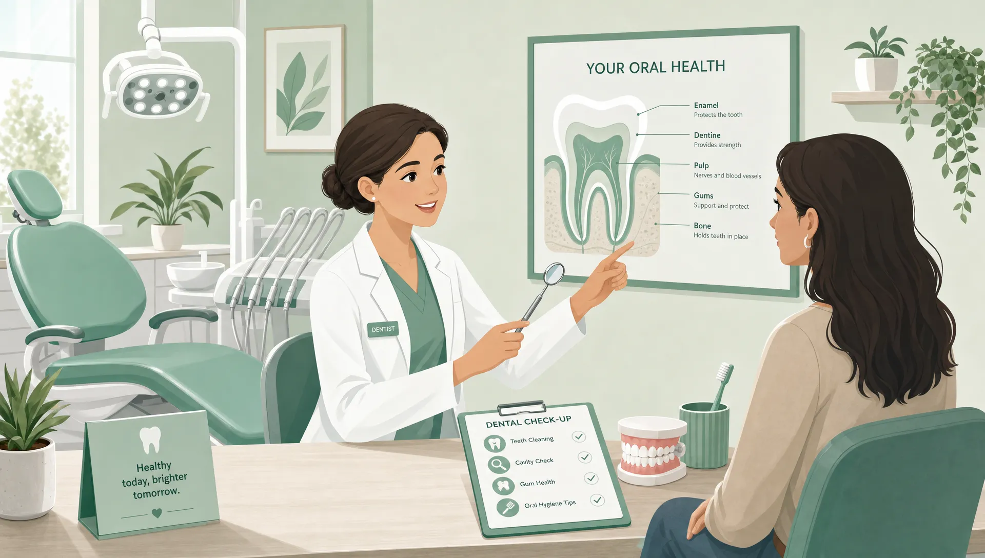Editorial vector illustration of a general dentist appointment, showing a calm consultation with a dentist discussing oral health beside a simplified dental chair, dental mirror and tooth chart forms.
