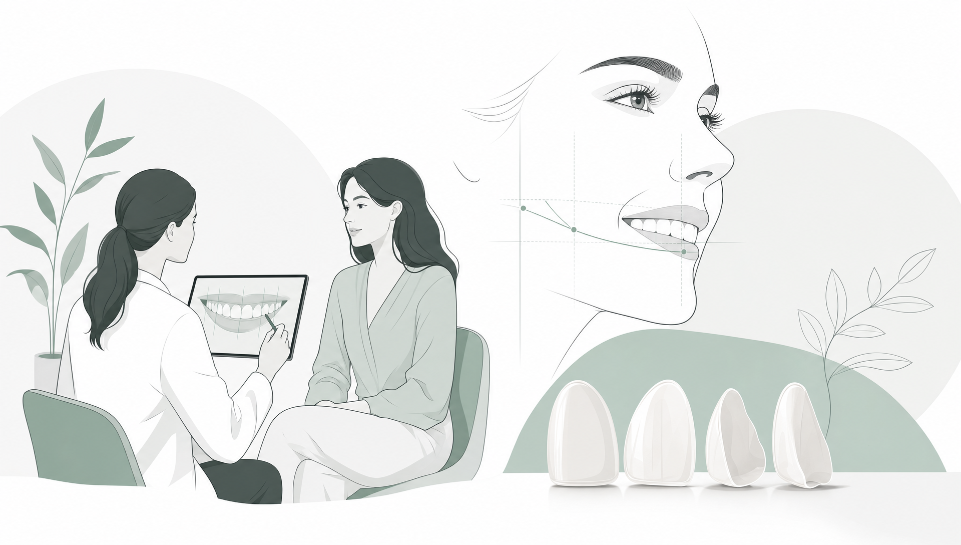 Premium editorial vector illustration of a calm cosmetic dentistry planning scene in a refined East Melbourne dental practice, showing two adult figures in quiet consultation with porcelain veneer shells, a ceramic crown and a subtle dental arch with contour guides arranged around them. The composition is landscape, spacious and uncluttered, with pure white background, soft warm grey layered shapes, muted sage green accents, fine charcoal linework, matte vector finishes, and no text, logos, captions, screens, buttons, or cartoon teeth.