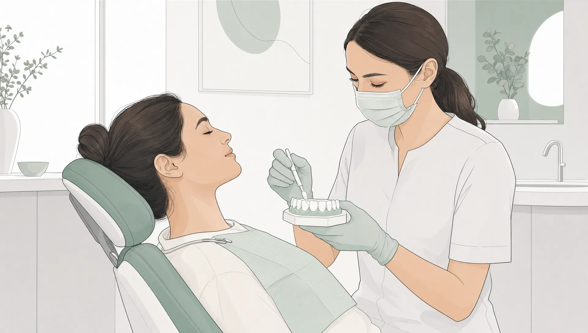 Premium landscape editorial vector illustration of an in-chair teeth whitening treatment in a calm dental clinic setting, with a relaxed adult patient in profile, a dental professional carefully applying whitening gel to a simplified dental arch, protective gum barrier shown as a subtle sage accent, white and soft grey background shapes, fine charcoal linework, generous negative space, muted sage highlights, no text, no labels, no logos, refined contemporary healthcare style.