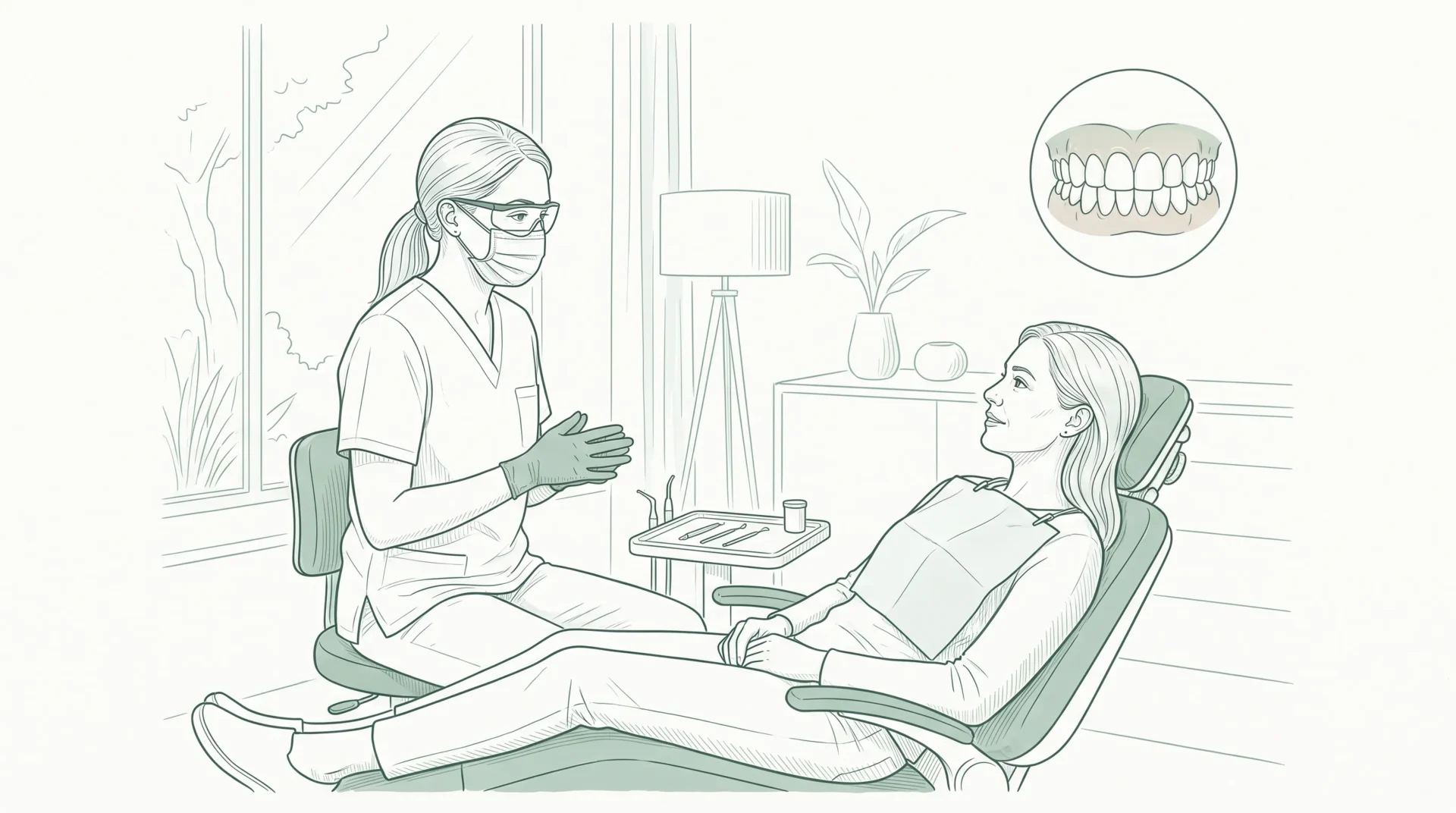 Premium minimalist fine line illustration of a dental follow-up visit: a clinician in neat scrubs, gloves, mask and protective eyewear speaks with an adult patient in a clinic chair, with a small inset of natural upper teeth and healthy gums.