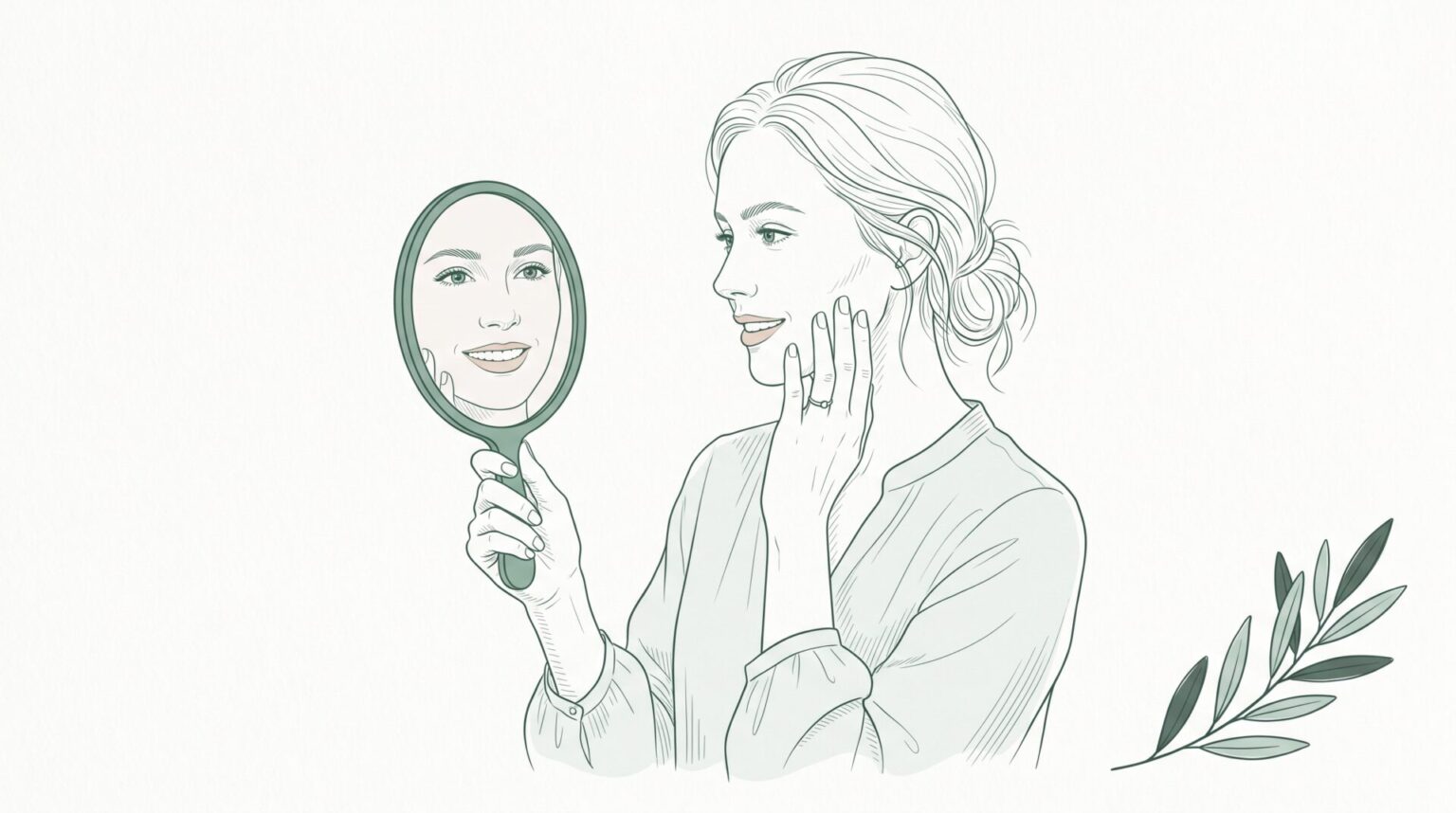 Woman admiring her teeth in a hand mirror, with a small olive branch beside her.