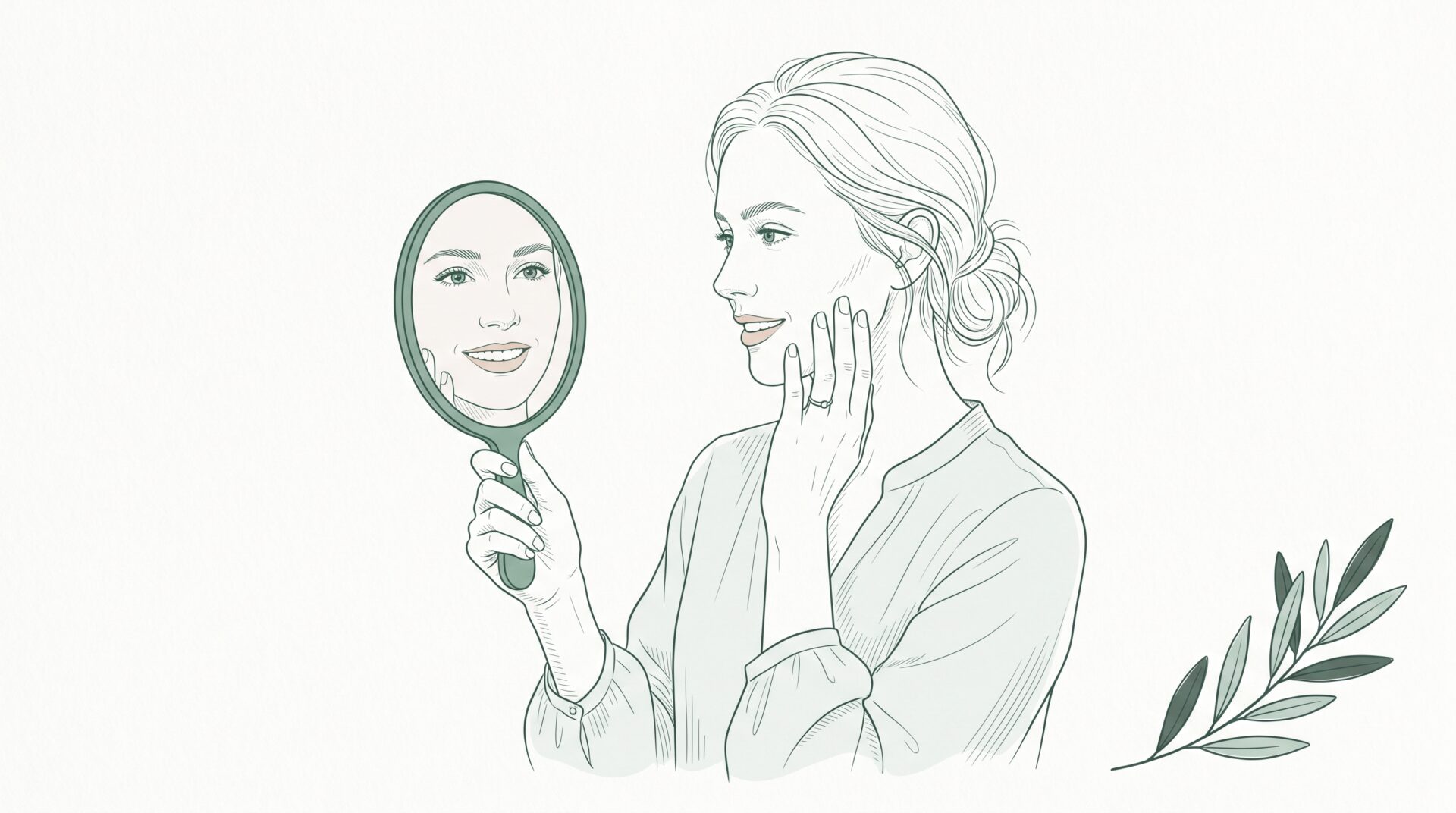 Woman admiring her teeth in a hand mirror, with a small olive branch beside her.